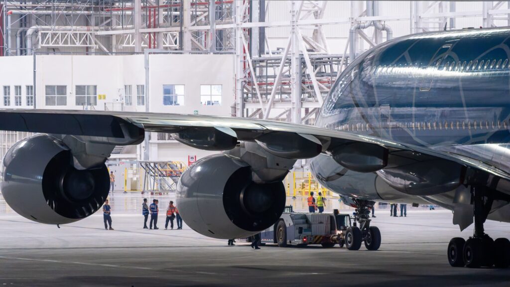 Ground crew beside the engine and undercarriage of a wide-body airliner in a maintenance bay
