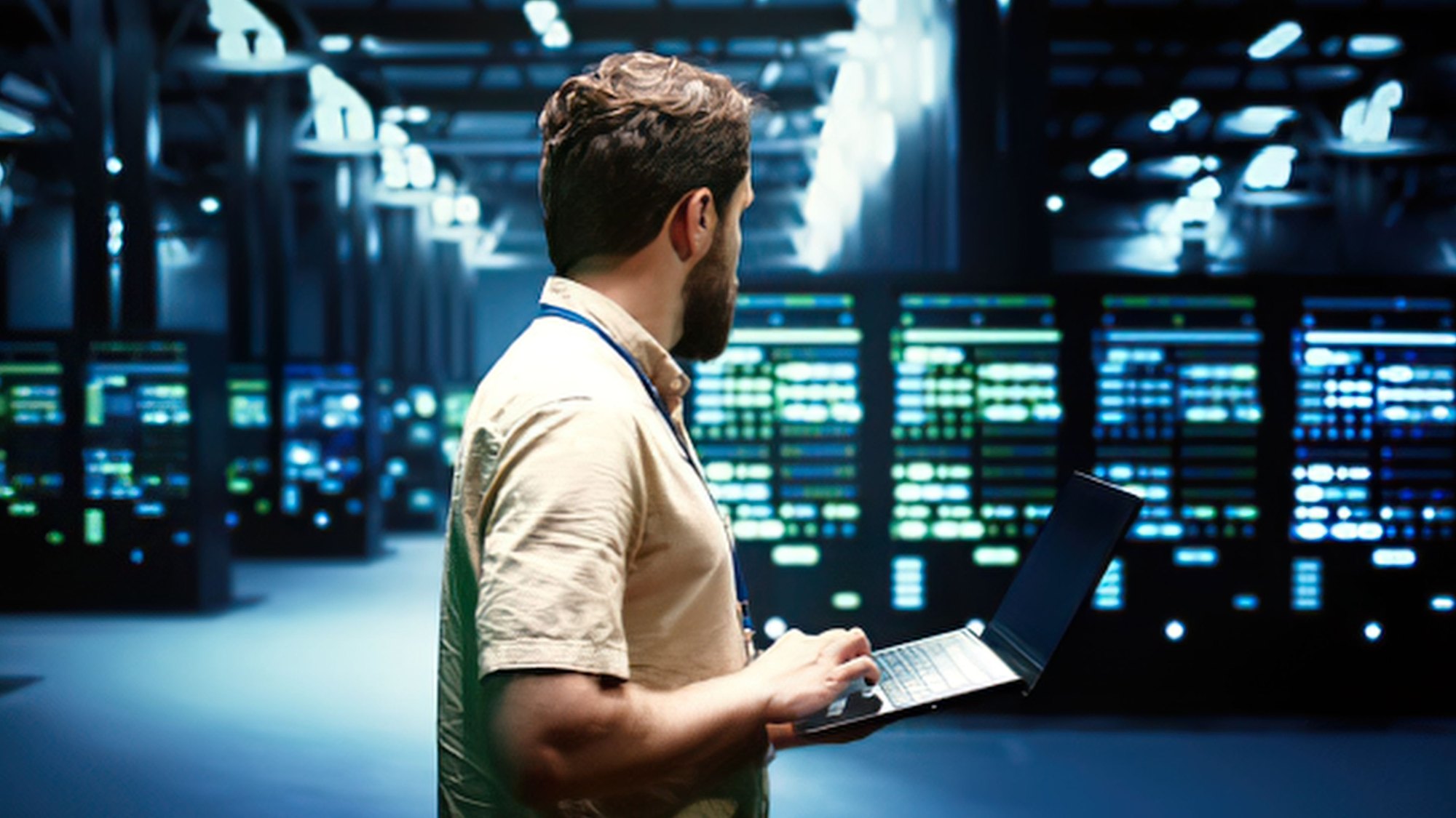 A technician with a laptop standing between rows of illuminated server racks