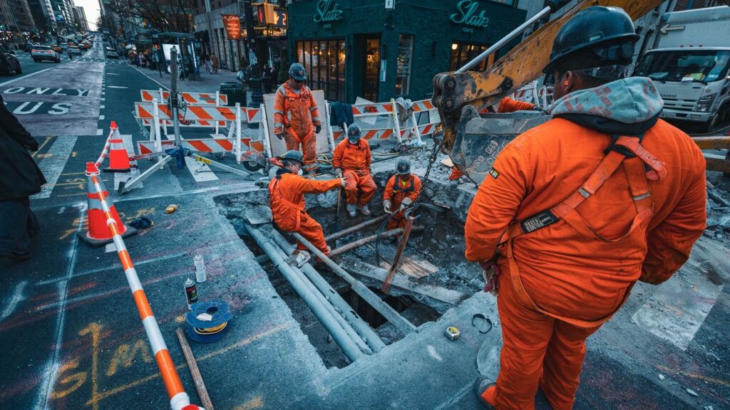 A crew in orange overalls working in an excavated trench in a city street