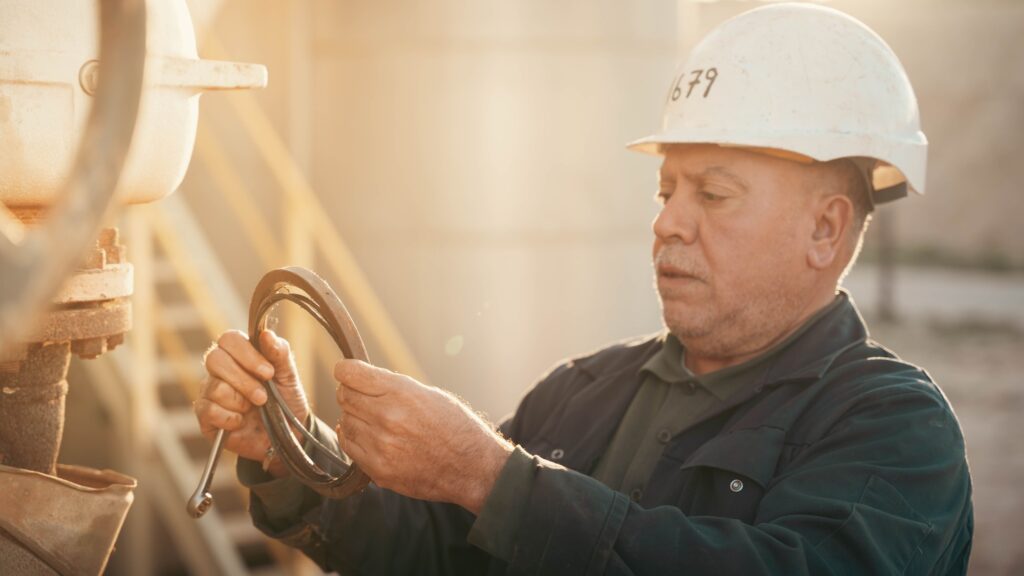 An older tradesman in a white hard hat inspecting a machined ring under a work light