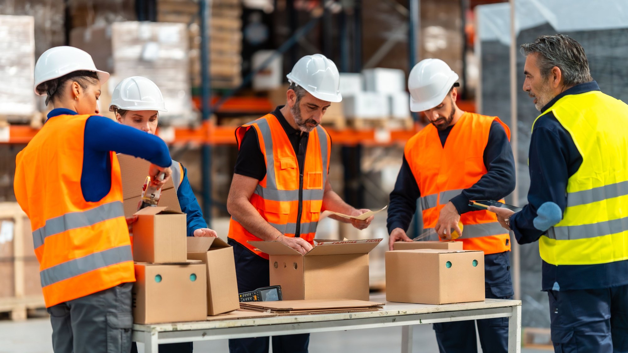 Warehouse staff in high-visibility vests and hard hats packing cardboard boxes at a table
